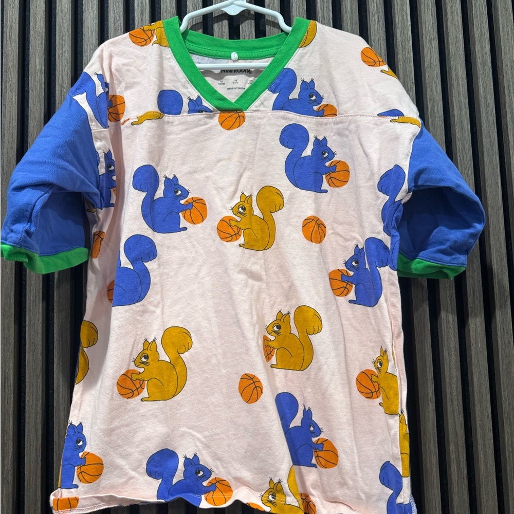 Mini rodini Squirrel & Basketball Print Short Sleeve Tee - Blue, Yellow, Green